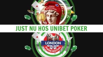 Bild på unibets pokerkampanjer Poker Summer Games och kvalturneringar till London Poker Festival 2024. I mitten av bilden står texten "Just nu hos unibet"