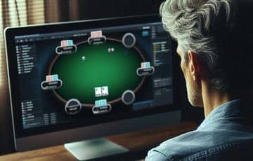 En man sitter framför en dator och spelar poker på nätet. Bilden ska föreställa en person som sitter vid datorn och spelar poker-SM online