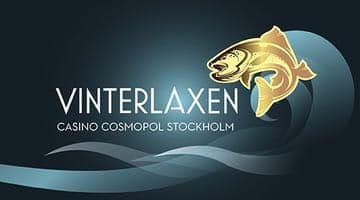 Bild på en guldlax som hoppar i vattnet samt texten "Vinterlaxen Casino Cosmopol Stockholm"