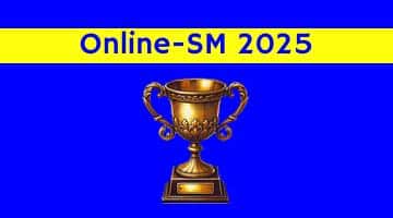 Bild med en guldpokal, blå bakgrund och gul etikett med texten "Online-SM 2025"